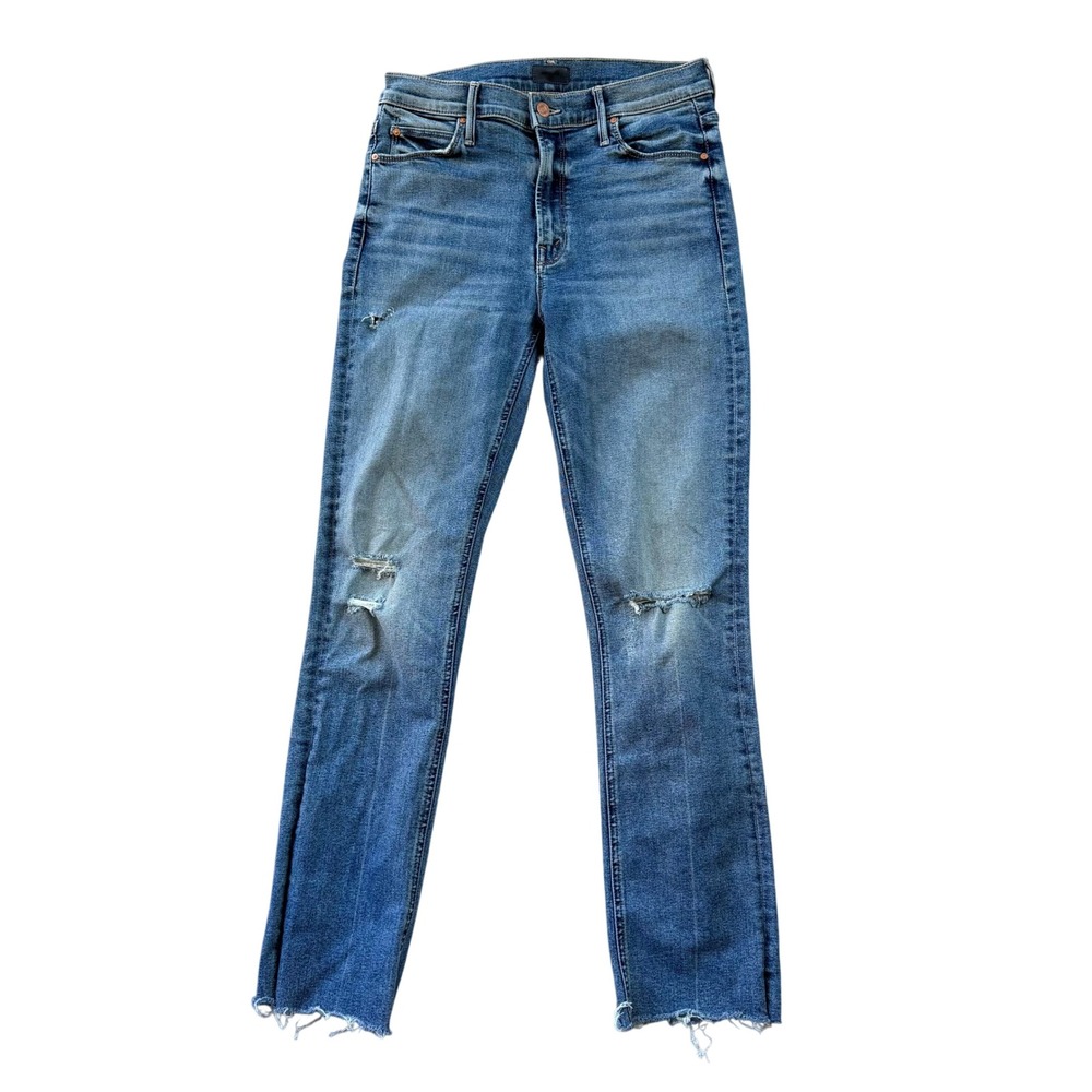 MOTHER Dazzler Mid Rise Ankle Fray Jeans Living In Circles Blue Distressed 28